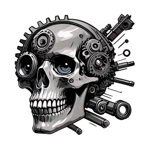 gearhead skull, subtle eyes with a theme of mechanics and vision tattoo design idea