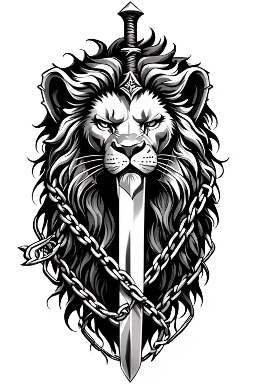 lion head with fierce look pierced by a vertical medieval sword like a cross chains wrap around the blade detailed shade tattoo design idea