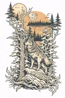 forest with wolf howling tattoo design idea