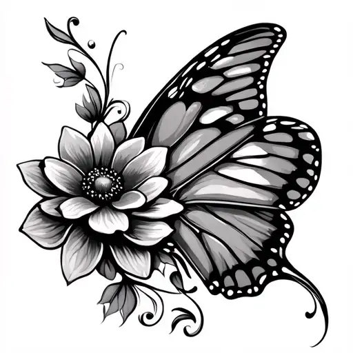 butterfly with flower tendril tattoo design idea