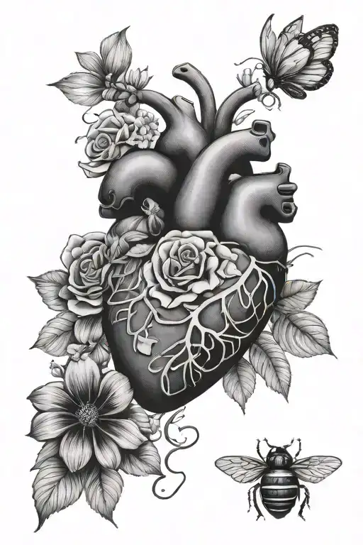 anatomical heart, nurse, flowers, lady bug tattoo design idea