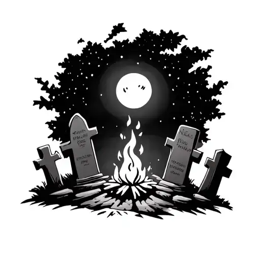 A rubber hose tattoo of a grave yard and cartoons dancing by a fire at night  tattoo design idea