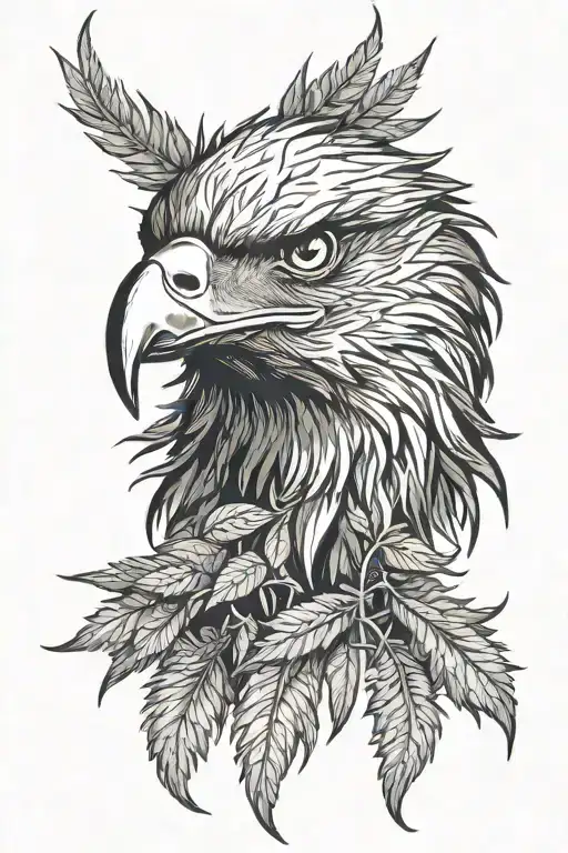 Layered eagle head portrait. Inner feathers detailed, outer feathers shaped like cannabis leaves, radiating outwards. tattoo design idea