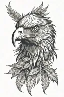Layered eagle head portrait. Inner feathers detailed, outer feathers shaped like cannabis leaves, radiating outwards. tattoo design idea