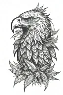Layered eagle head portrait. Inner feathers detailed, outer feathers shaped like cannabis leaves, radiating outwards. tattoo design idea