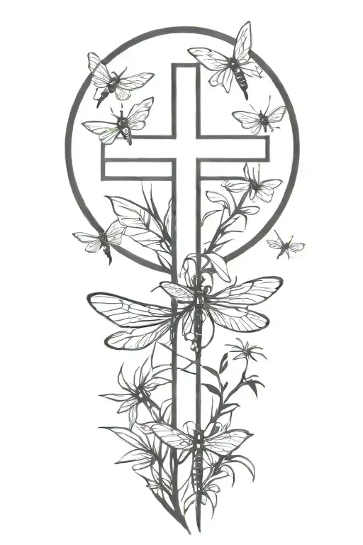 Religious Cross in Sunlight Plants Dragonflies Family tattoo design idea
