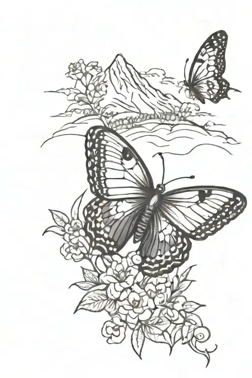 A beautiful butterfly infront of a mountain, lac and sunset with flowers and vines around.  tattoo design idea
