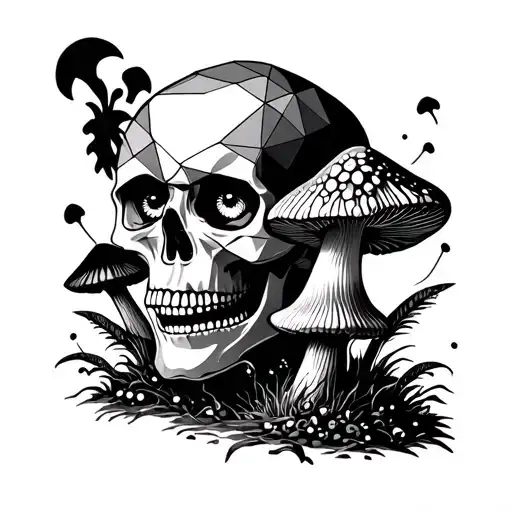 skull and mushrooms with eyes tattoo design idea
