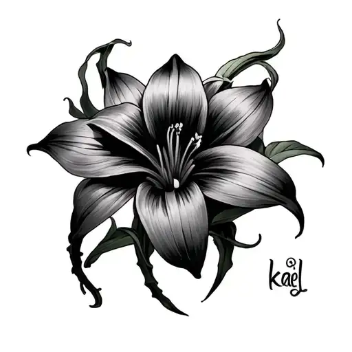 baybayin word "kael" written around a spiderlily tattoo design idea