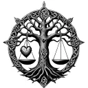 a celtic tree of life with a set of scales in front of and seperate with a heart on one scale and a brain on the other  tattoo design idea