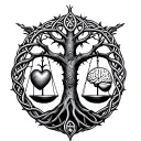 a celtic tree of life with a set of scales in front of and seperate with a heart on one scale and a brain on the other  tattoo design idea