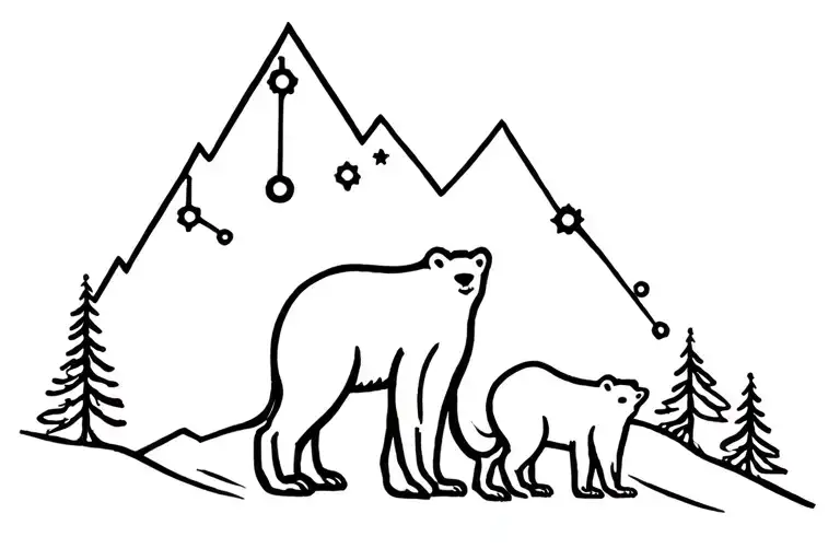 mama bear 2 cubs Mountain star constellation tattoo design idea