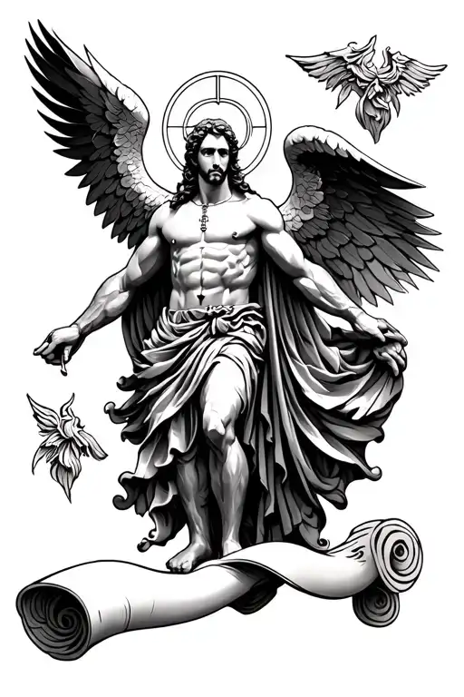 scroll with tattoo design with Saint Michael  tattoo design idea