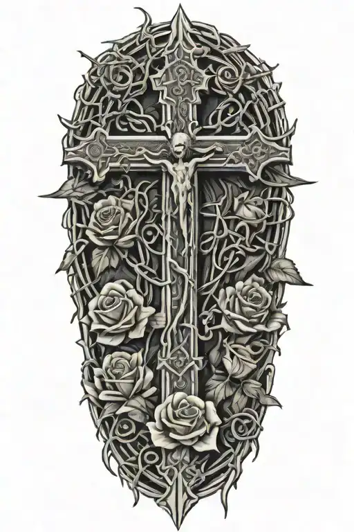 cross wrapped in barbed wire with roses with thorns and jesus tattoo design idea