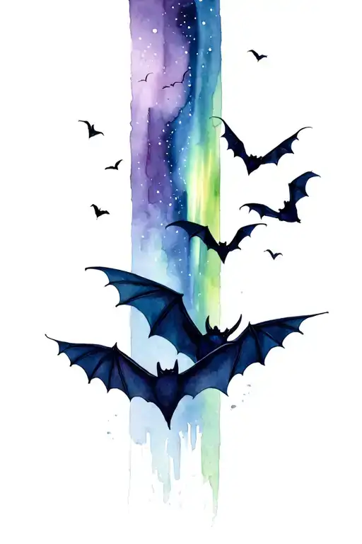 northern lights in background with bats flying towards tattoo design idea