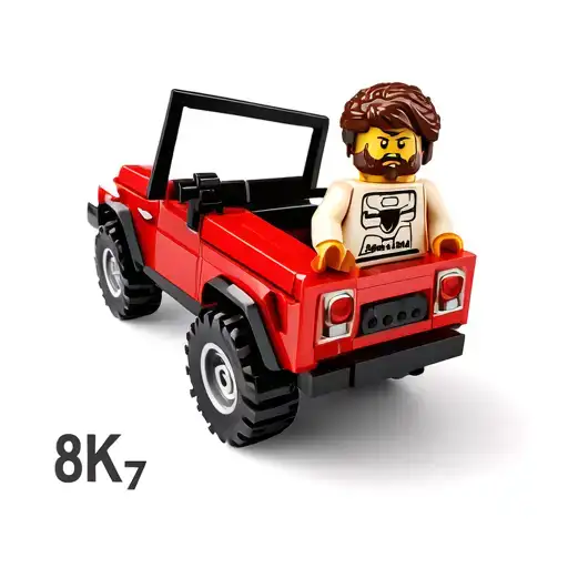 brown hair man with curled beard and mustache in a red 1981 jeep cj7 lego tattoo design idea