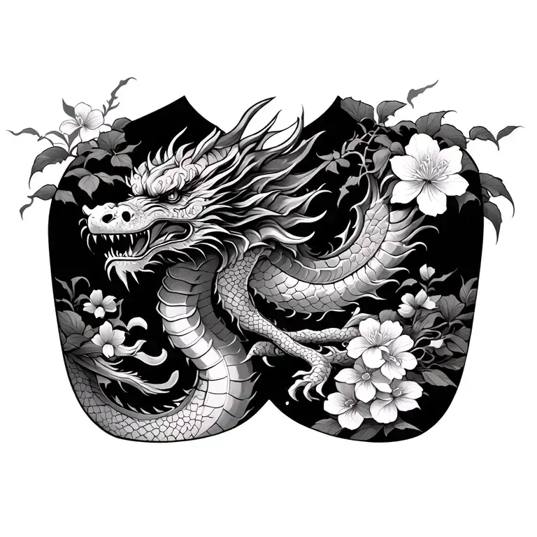 Japanese Chest Piece with Dragon and Pagoda and Cherry Blossoms and Samurai tattoo design idea