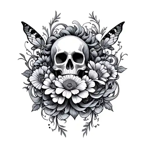 mandala, flowers, medusa, buttfly and skull soft shading tattoo design idea