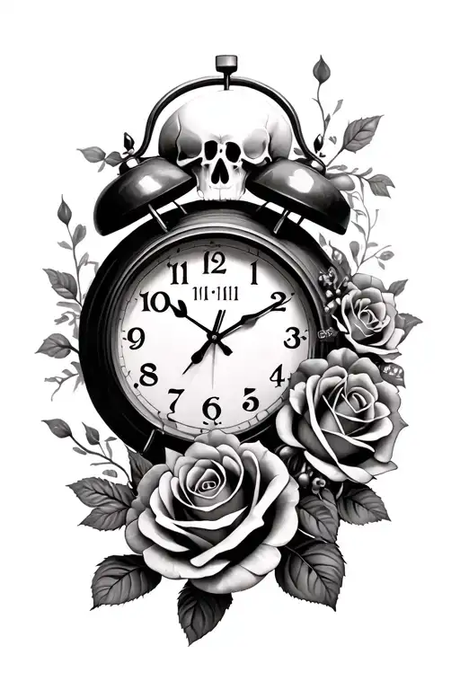 girlie skull roses clock 11:11 clock tattoo design idea
