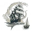 weathered ship with torn sails, symbolizing resilience.Include a larger figure representing  mother and a smaller son  tattoo design idea