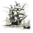 weathered ship with torn sails, symbolizing resilience.Include a larger figure representing  mother and a smaller son  tattoo design idea