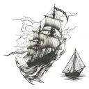 weathered ship with torn sails, symbolizing resilience.Include a larger figure representing  mother and a smaller son  tattoo design idea