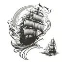 weathered ship with torn sails, symbolizing resilience.Include a larger figure representing  mother and a smaller son  tattoo design idea