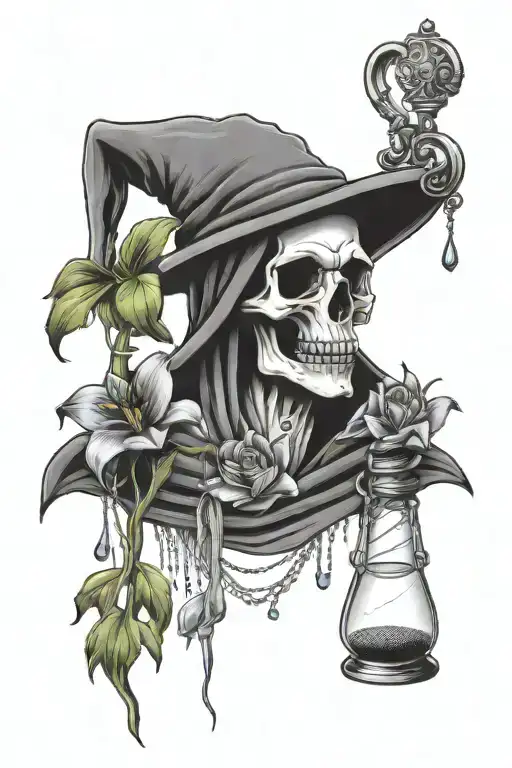 grim reaper head holding hour glass with sand falling with 2 larkspur flowers and 1 water lilly tattoo design idea