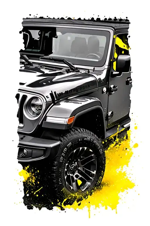 a black outline of the profile of a jeep wrangler with a yellow paint effect through it tattoo design idea