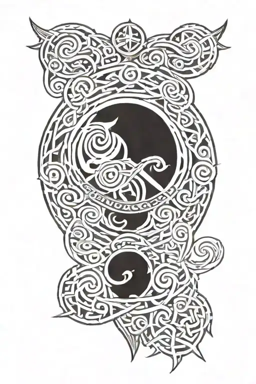 Viking symbol in a circle, and from the bottom of the circle come Viking letters tattoo design idea