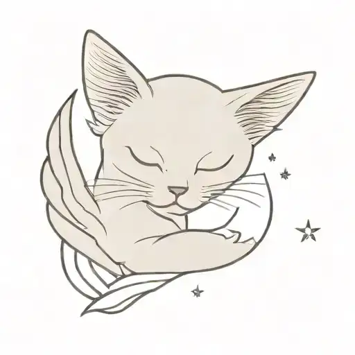 cat with grey fur, angel wings, white chest, grey stripes, half moon, stars tattoo design idea