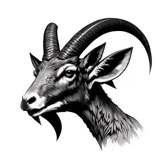 Ultra-realistic close-up headshot of a hellish ibex creature — only the head and top of the neck. The creature looks lik tattoo design idea