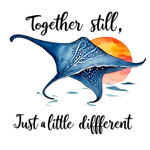 Sunset with tribal stingray with quote “Together still,Just a little different”  tattoo design idea