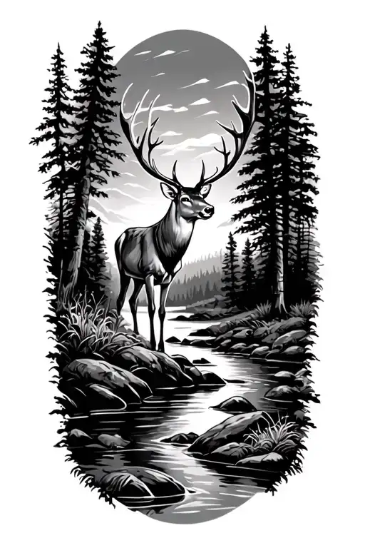 outdoor scene with stream and silhoutte of a whitetail deer tattoo design idea
