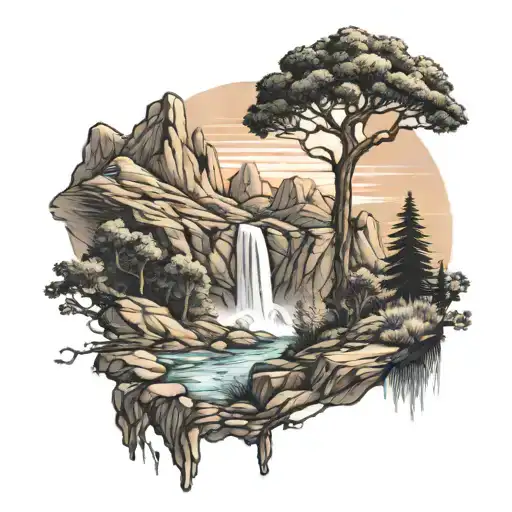 mountains, waterfall, oak trees, trail, sunset tattoo design idea