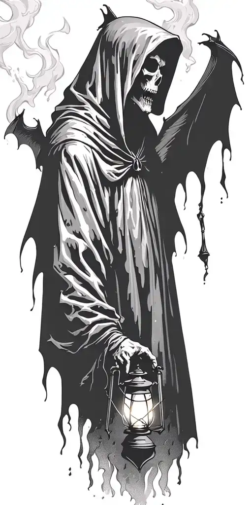 hooded reaper silohuette, smoke, fire, scary, bat wings with lantern  tattoo design idea