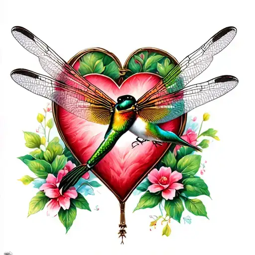 dragonfly hummingbird heart shape tattoo design idea