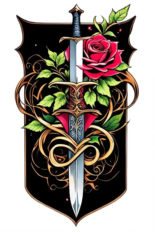 A beautiful and intricate design of the Beauty and the Beast enchanted rose intertwined with the Mulan family sword tattoo design idea