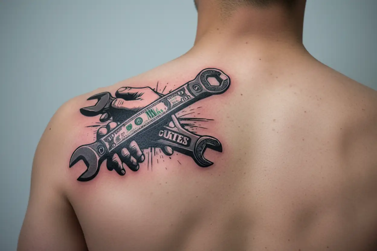clean hands dirty money adjustable wrench surrounded tattoo design idea