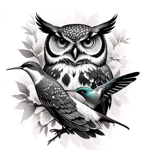 owl and humming bird tattoo design idea