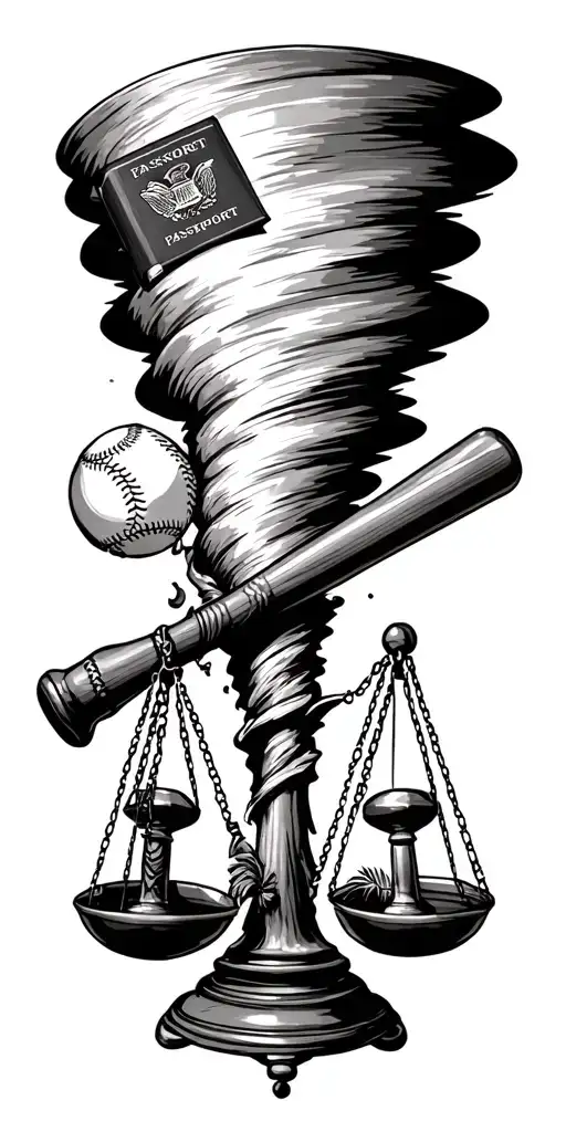 tornado sucking up scales of justice, baseball bat, baseball, passport, dumbbell, and palm tree. tattoo design idea