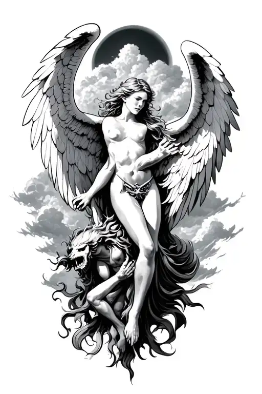 angels killing demons in the sky tattoo design idea