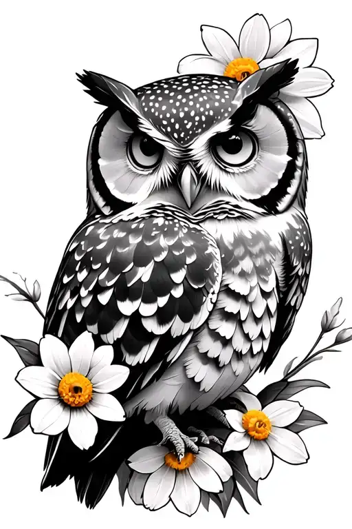 owl with daffodils daisy sweet pea peony flowers tattoo design idea