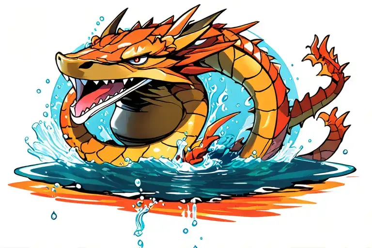 An urn pouring water with pokemon gyarados tattoo design idea