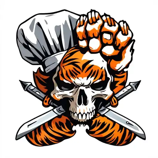 skull wearing chef hat with an orange tiger paw.  two chef knives crossed beneath it tattoo design idea
