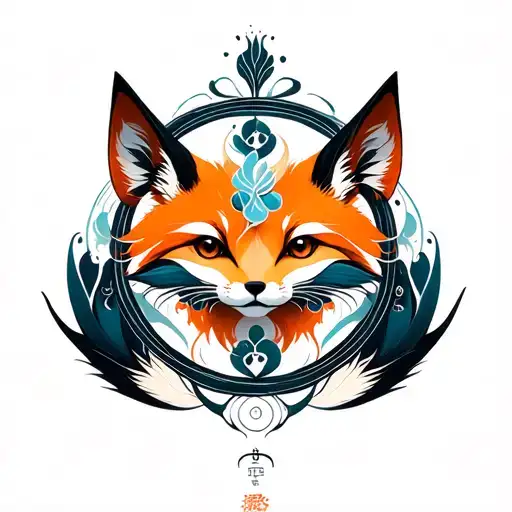 zenko and yako katsune fox in circle shape tattoo design idea