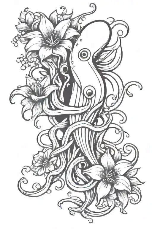 big squid holding flowers tattoo design idea
