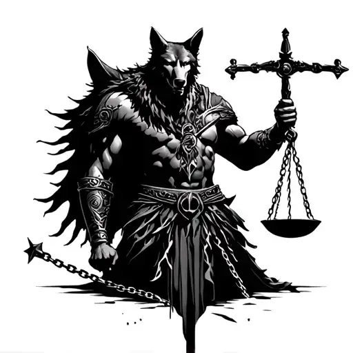lone wolf warrior in battle desert broken chains scales of justice tattoo design idea