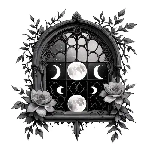gothic window with vines and flowers and moon phases  tattoo design idea