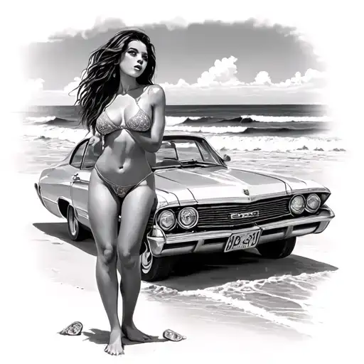 Girl on the beach on the background car money sex tattoo design idea
